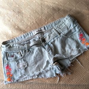 Hollister Light Blue Distressed Denim Shorts with Floral Embroidery